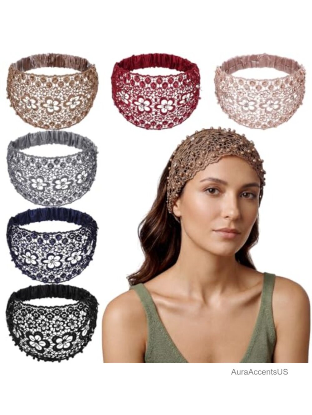 Lace Pearl Rhinestone Headbands Set Elastic Boho Hair Accessories